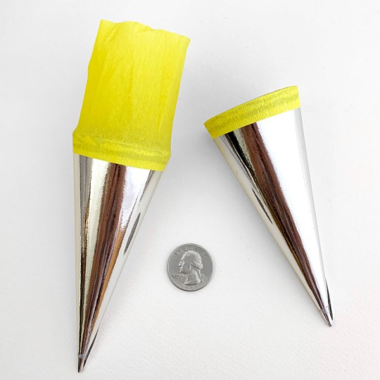 2 Metallic Paper & Crepe Cones from Germany ~ 4-3/4" ~ Silver Foil + Yellow Crepe